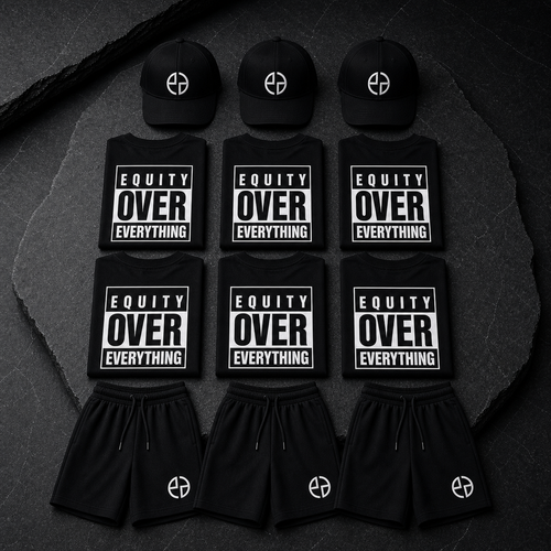EPG Founder Bundle with three EPG hats six Equity Over Everything shirts and three EPG shorts on dark stone slab